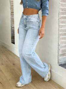 Quần jeans ống đứng dáng thường ngày cho nữ, chất liệu denim mài. - Rửa nhẹ - Xem 5