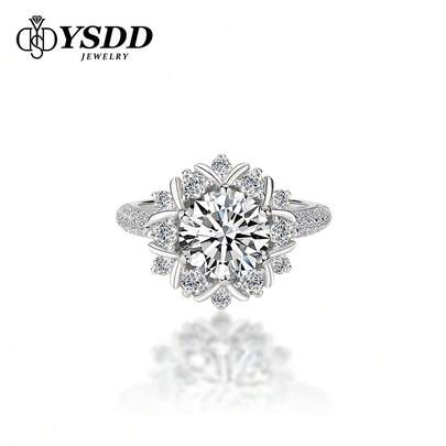 女士2克拉奢华莫桑石钻石戒指，实验室培育钻石，18K白金镀层925纯银戒指，D色VSS净度莫桑石，花朵心形全钻订婚/结婚戒指