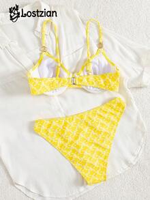 Bộ bikini gợi cảm mùa xuân/hè, áo tắm 2 mảnh thanh lịch dành cho nữ, chất liệu vải jacquard đặc biệt, màu vàng ngọt ngào với họa tiết ngôi sao, dây đeo mảnh có gọng, thích hợp cho kỳ nghỉ biển, tiệc bể bơi, ngày lễ tình nhân, lễ hội hóa trang. - Màu vàng - Xem 2