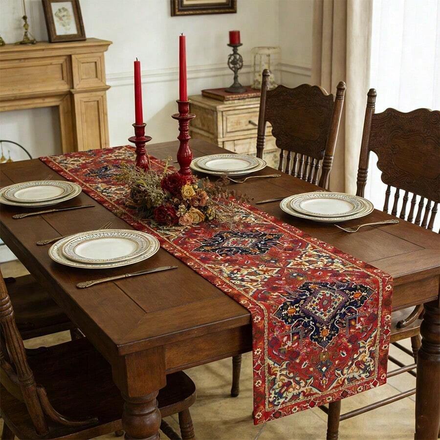 1pc Bohemian Style Red Table Runner, Suitable For Spring Country Cottage, Autumn Magical Kitchen Dining Table Decor, Home Party Decoration, Size: 33x183cm - Red - View 1