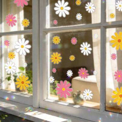 1/2 قطعة ملصقات زجاج ملونة بالزهور والنحل والخنفساء، ملصقات نافذة قابلة لإعادة الاستخدام من البولي فينيل كلوريد ذات تأثير قوس للزينة في غرفة النوم والفصل الدراسي والمكتب وغرفة المعيشة
