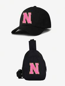 2pcs Kids Black & Pink Letter Baseball Cap Set, 26 Letters Customizable, Fashion Minimalist Sun Hat, Compact & Portable, Suitable For Boys & Girls Outdoor, Spring/Summer - Black - View 34