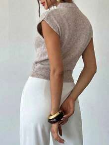 Áo len không tay cổ đứng, khóa kéo, kiểu dáng thanh lịch, đa năng dành cho nữ, hàng mới về mùa xuân/hè, thích hợp mặc đi chơi. - Màu be - Xem 2