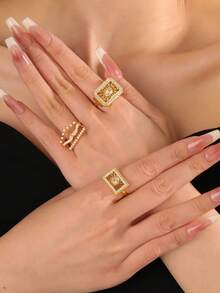 1枚优雅镀金铜镂空花冠锆石可调节戒指，时尚派对/节日女士礼物 - 金黃色 - 查看 1