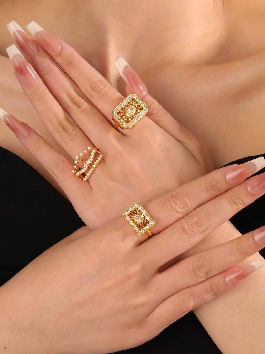 1枚优雅镀金铜镂空花冠锆石可调节戒指，时尚派对/节日女士礼物 - 金黃色 - 查看 1