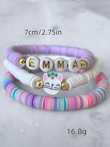 3件套个性化字母、心形、兔子造型软陶手链套装，适合派对、日常佩戴、复活节礼物、时尚配饰 - 彩色 - 查看 3