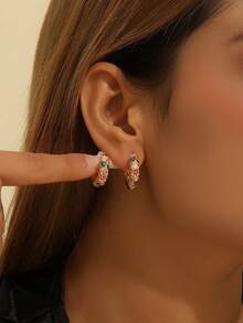 1Pair Fashion Copper Material Flower Pattern Hoop Earrings Jewelry For Women Girls - Pink - View 2