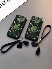 1 Stück perforierter Blumen- und Blatt-bemalter, schockresistenter Handyhülle mit neuem Lederherz-Trageriemen, kompatibel mit iPhone, Galaxy - Verschiedenfarbig - Übersicht 2