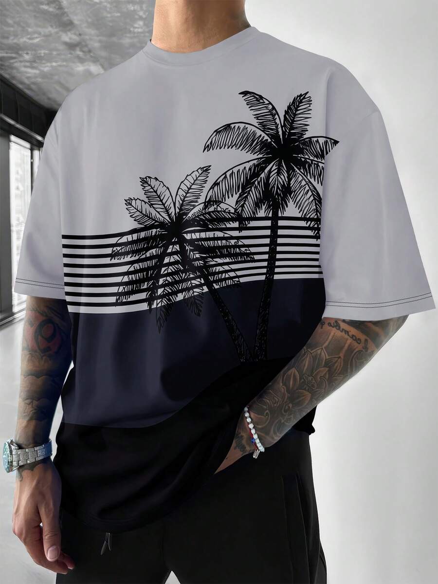 Men's Vacation Casual Colorblock Coconut Tree Print Short Sleeve T-Shirt - Multicolor - View 1