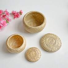 1个竹编双层带盖收纳篮,桌面小型装饰收纳盒,手工制作,直径3.9英寸,高度2.76英寸 - 青色 - 查看 7