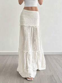Chân váy dài màu trắng EARO dành cho nữ, chất liệu vải co giãn cao, thiết kế xếp lớp ren, kiểu dáng thanh lịch, thoải mái cho mùa hè và mùa xuân. - trắng - Xem 1