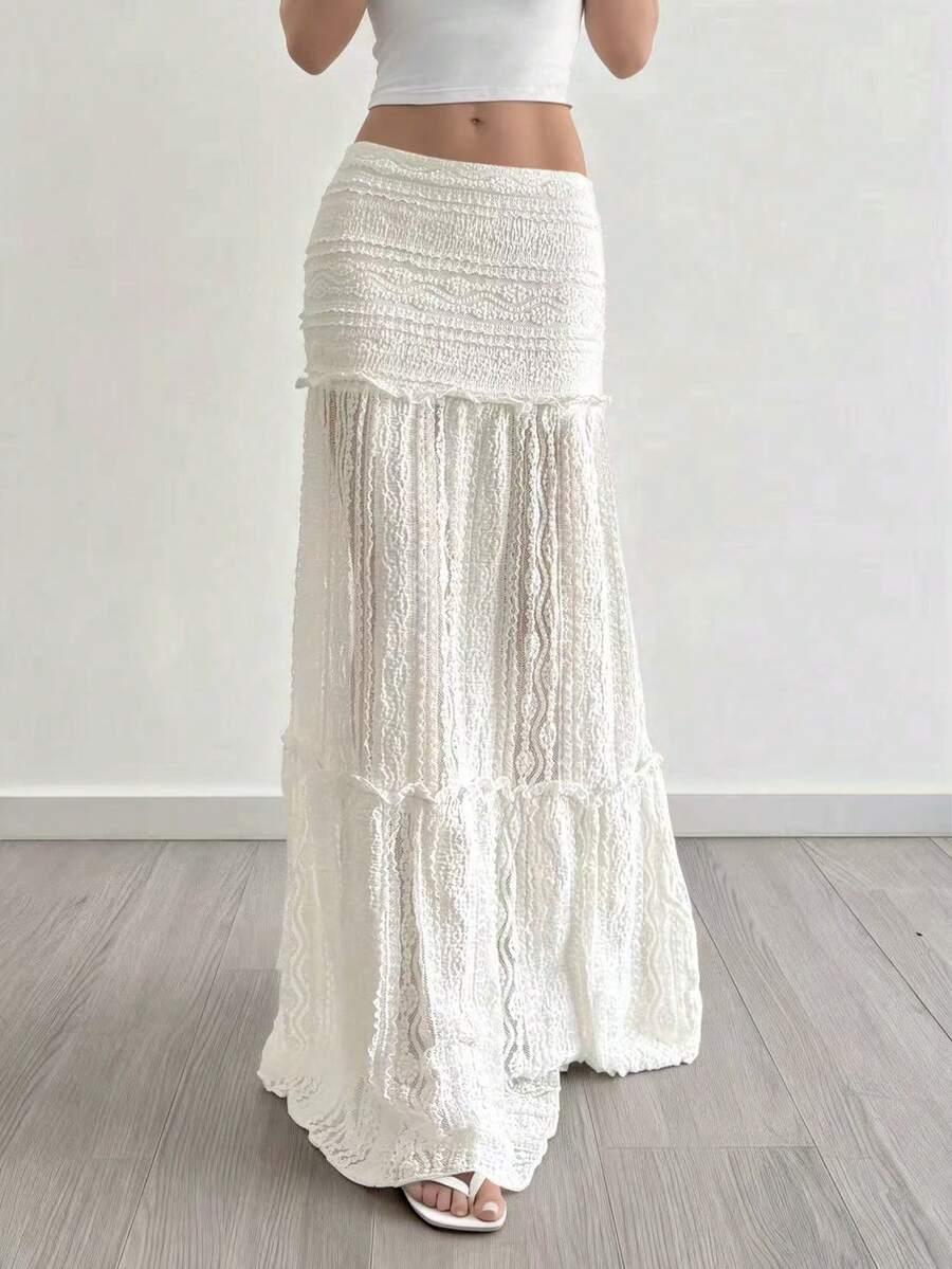 Chân váy dài màu trắng EARO dành cho nữ, chất liệu vải co giãn cao, thiết kế xếp lớp ren, kiểu dáng thanh lịch, thoải mái cho mùa hè và mùa xuân. - trắng - Xem 1