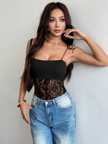 VIVINA Body elegant pentru femei, de vară, sexy, cu imprimeu floral transparent, cu umeri legați, potrivit pentru ținute de vară, ținute de carnaval, haine casual, negru - Negru - Vizualizare 7