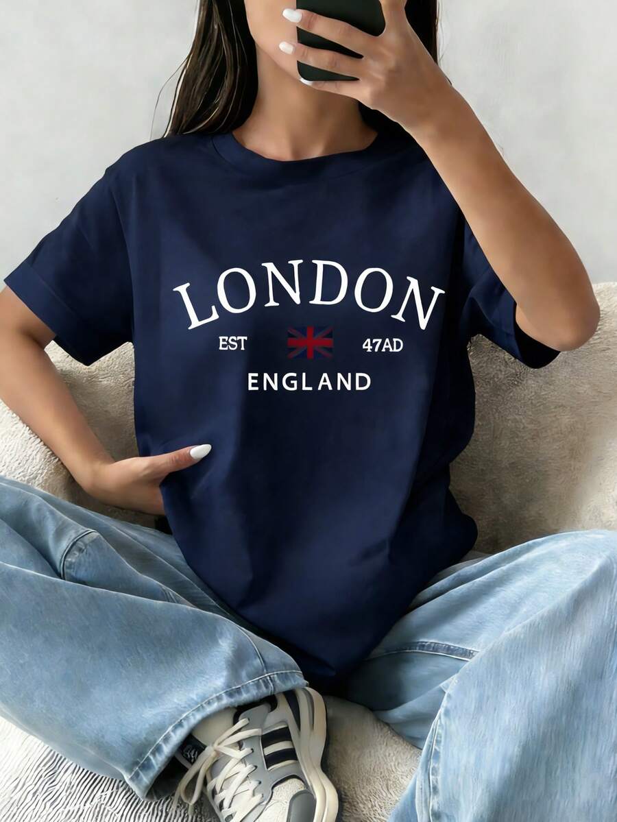 1pc Tween Girls' London Print Short Sleeve T-Shirt, Student Young Casual Wear, Summer Top For Girls Ready To Play - Navy Blue - View 1