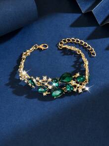 Conjunto de joyas con tono dorado y diamante de imitación verdes para mujeres | Collar en forma de V, pulsera y aretes colgantes para boda, fiesta, baile de graduación y gala - verde dorado - Ver 5