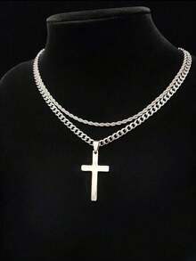 这款男士不锈钢扭链项链套装包含 2 件，配有十字架吊坠，时尚百搭，男女皆宜，是完美的节日礼物。 - 彩色 - 查看 1