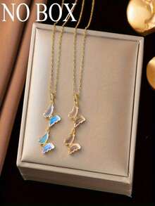 1pc Gold Stainless Steel Plated Chain Butterfly Pendant Necklace, Fashion Creative Design Niche Minimalist Luxury, Suitable For Travel, Daily Wear, Vacation (OPP Bag Packaging) - Light Pink - View 3