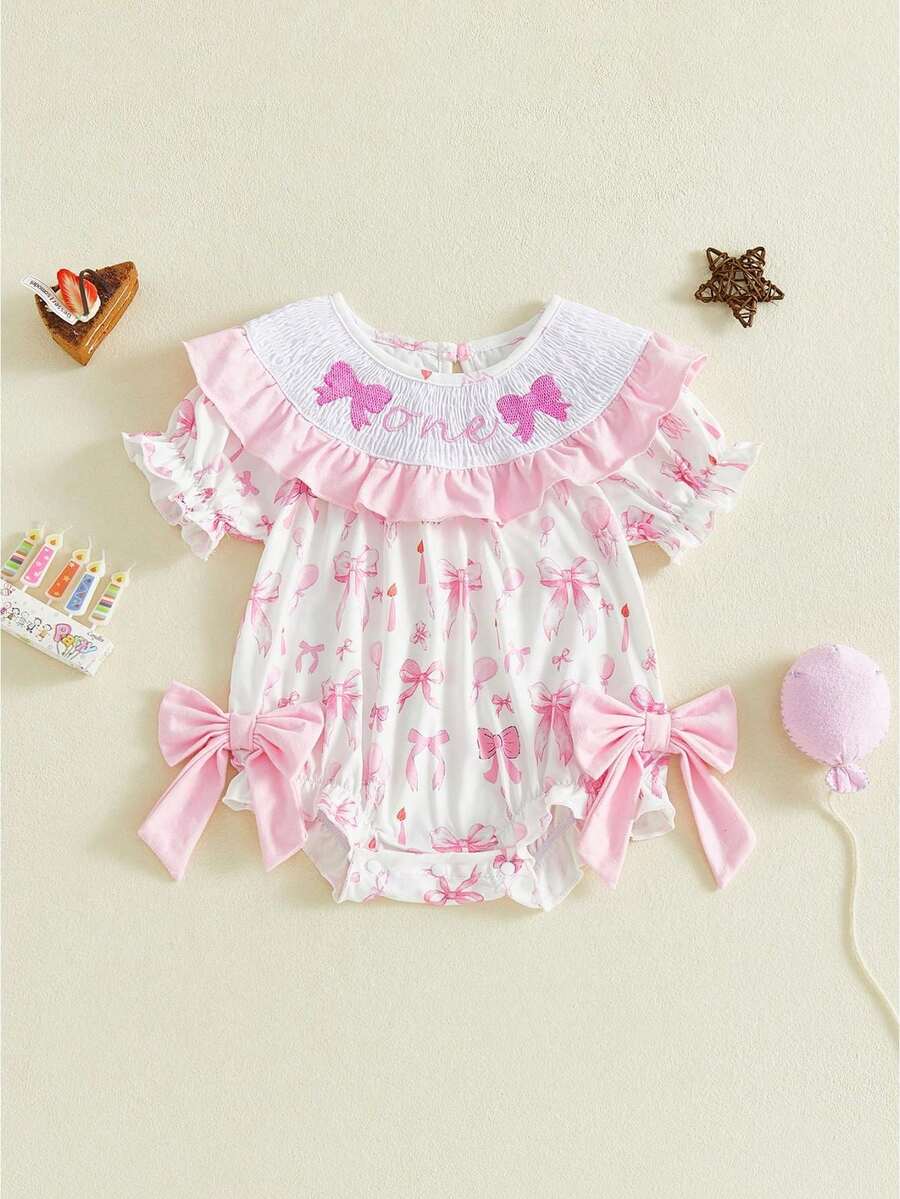 Infant Baby Girl Birthday Romper Letter Embroidery Bow Print Short Sleeve Ruffled Round Neck Bodysuit - Pink - View 1