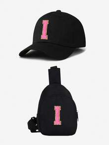 2pcs Kids Black & Pink Letter Baseball Cap Set, 26 Letters Customizable, Fashion Minimalist Sun Hat, Compact & Portable, Suitable For Boys & Girls Outdoor, Spring/Summer - Black - View 35
