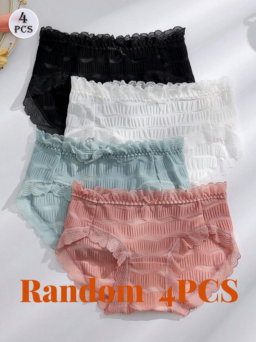 4件/包 随机款式 女士蕾丝 海盐雪纺 甜美可爱 透气柔软 女士内衣 黑白 - 彩色 - 查看 1