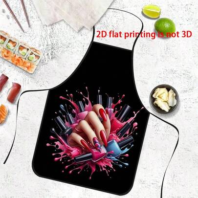 一件黑色背景指甲油泼溅印花围裙，美甲手部图案+彩色瓶子泼溅装饰，烹饪围裙，适合烘焙师、蛋糕装饰师、烧烤爱好者、园丁、画家、美甲师——是送给家庭和专业厨师的完美礼物