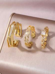 3pcs/Set Open Design Fashion Micro Pave Butterfly, Heart & Line Pattern Ring Set, Geometric Rings, Gold Color, Suitable For Women's Daily, Festival, Party Wear Or Gift - Gold - View 5