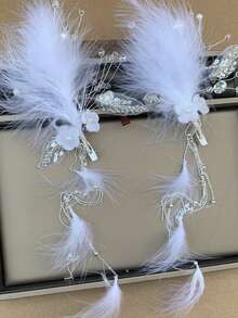 2pcs Feather Tassel Hairclips, Elegant Bridal Robe, Celebrity Style, High-End Photoshoot Accessories,Wedding Hair Accessories - Multicolor - View 3