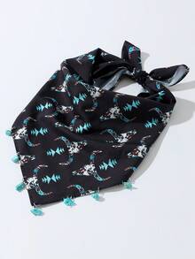 1pc Women's Fashion Western Leopard Print Bull Head Pattern Denim-Style Scarf - With Turquoise Pendant Multifunctional Scarf, Polyester Material, Suitable For Daily Fashion Matching - Multicolor - View 3