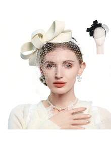 HIMESPORT 黑白羊毛毡女士时尚迷人礼帽，适合鸡尾酒会、下午茶聚会、优雅的教堂着装、赛马会、婚礼等场合，配有蝴蝶结面纱配饰。 - A - 查看 11