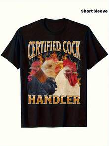 Men's T-Shirt With A Funny Chicken Graphic "Rooster Handler" – Bold Orange Text And Rooster Flame Design, Regular Fit, Short-Sleeved Casual T-Shirt For Parties, Social Gatherings, And Year-Round Use, Humorous Statement Shirt With Vibrant Print. - 如圖所示 - 查看 2