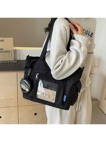 Transparent Pocket Design, Large Capacity Tote Bag With Coin Purse, New Korean College Style Multi-Pocket Backpack, Multifunctional Casual Sling Bag, Mid Capacity Canvas Bag, Transparent PVC Pocket Pain Relief Bag Middle School, Street Style And Japanese Lady Bag, Fashionable Zipper Tote Bag, Literary School Bag & Book Bag For Women Or Students, Perfect For Books, Shopping, Back To School And More, Tote Bags For School,College Essentials - 黑色 - 查看 1