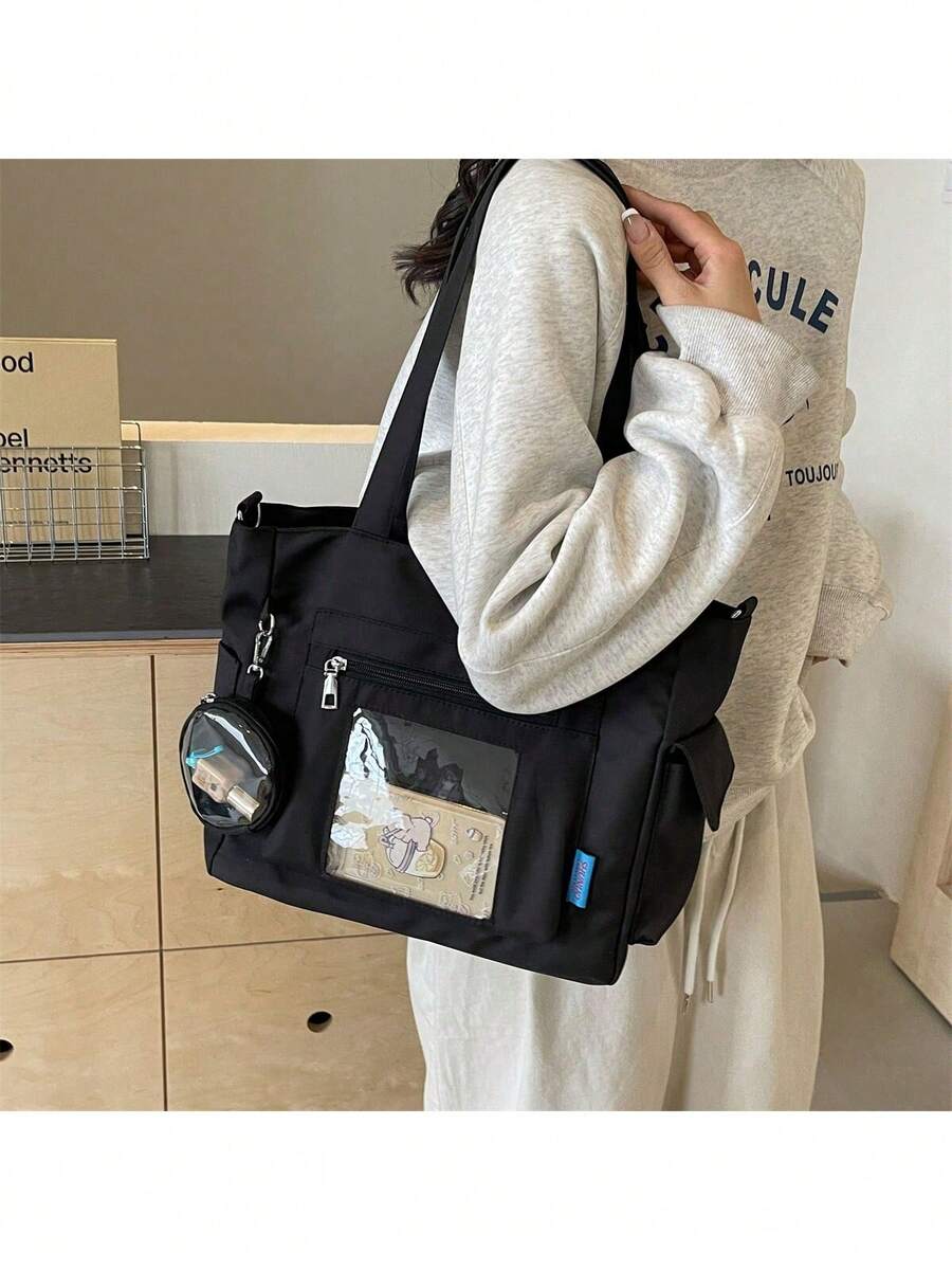 Transparent Pocket Design, Large Capacity Tote Bag With Coin Purse, New Korean College Style Multi-Pocket Backpack, Multifunctional Casual Sling Bag, Mid Capacity Canvas Bag, Transparent PVC Pocket Pain Relief Bag Middle School, Street Style And Japanese Lady Bag, Fashionable Zipper Tote Bag, Literary School Bag & Book Bag For Women Or Students, Perfect For Books, Shopping, Back To School And More, Tote Bags For School,College Essentials - 黑色 - 查看 1