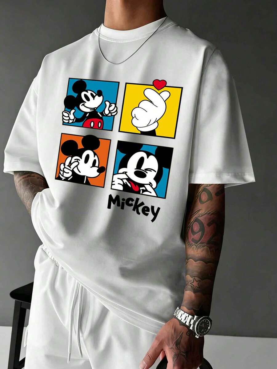 Disney 2026 New Mickey Mouse Print Men's Casual Short Sleeve T-Shirt, Stretchy Loungewear Suitable For Sleepwear Or Outerwear - White - View 1