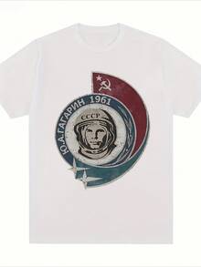 Camiseta Gráfica Vintage Soviética de 1961 para Hombre con Diseño de Yuri Gagarin y la Misión Espacial Vostok 1 - Diseño Vintage de Cosmonauta Soviético, Camiseta de Manga Corta con Cuello Redondo, Uso en Todas las Estaciones, Estampado Duradero, Ropa Casual para Entusiastas de la Historia y Fanáticos del Espacio, Patrón Geométrico - Blanco - Ver 1