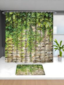 Bộ 4 món phòng tắm chống thấm nước họa tiết lá thường xuân xanh, chất liệu polyester dày dặn chống nấm mốc, bao gồm 12 móc treo, thảm chống trượt, thảm chữ U và bọc nắp bồn cầu. - A - Xem 4