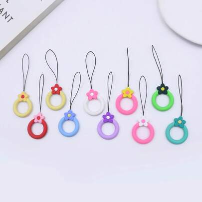 10pcs Round Shape Silver Top Charm Keychain Silicone Finger Ring Lanyard For Mobile Phones Hanging Thread Strap Anti-Slip Ideal For Cameras Keys Pen Drive Electronics Accessories