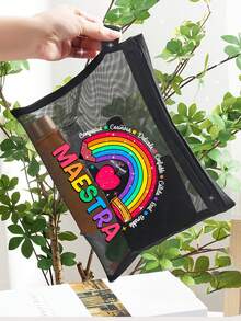 Maestra字母图案网眼袋，彩虹爱心透明化妆收纳袋，字母拉链化妆包，透明网眼储物袋/洗漱包，便携式化妆包，适用于化妆品、护肤品和浴室收纳，是送给她、老师、妈妈、朋友、宿舍、母亲节、毕业、旅行、复活节、返校季的绝佳礼物。这款化妆收纳袋兼具护肤品收纳、洗漱包、旅行包和度假必备品的功能，是女士旅行的理想之选，容量大。 - 彩色 - 查看 7