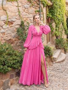Vestido elegante de mujer con cuello en V profundo, mangas de linterna largas, ribete de volantes, vestido de noche con flujo de línea A, diseño sin espalda - Rosa Fucsia - Ver 1