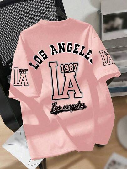 Teenage Boys' Retro LA Academy Design Loose Comfortable Breathable Short Sleeve T-Shirt, Casual Campus Summer Wear, Boys Tops