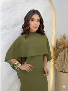 Strapless Midi Dress With Cape - Verde Oliva - Ver 1