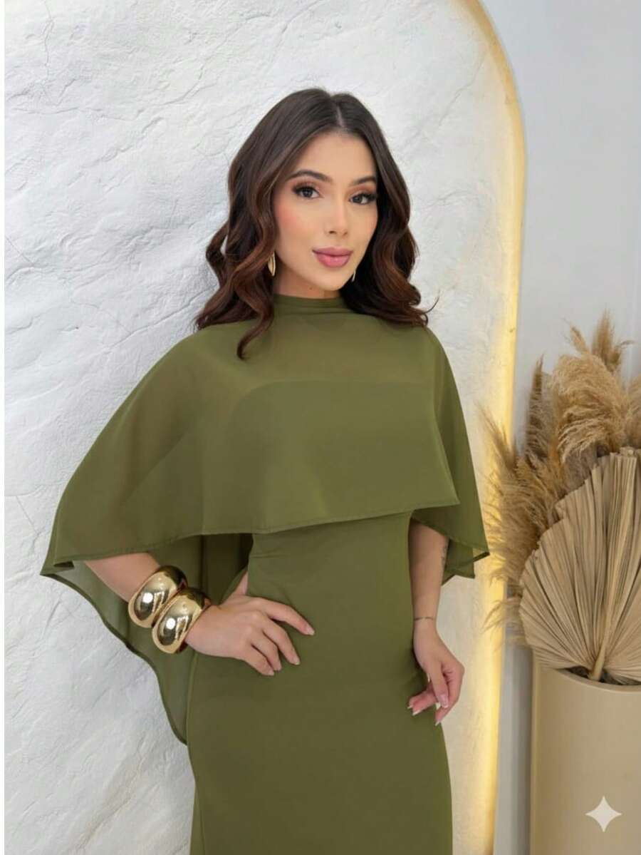 Strapless Midi Dress With Cape - Verde Oliva - Ver 1