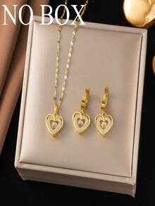 3件套心形吊坠项链和耳环，时尚独特创意设计，奢华质感，适合外出和日常佩戴（OPP袋包装） - 黃金色 - 查看 1