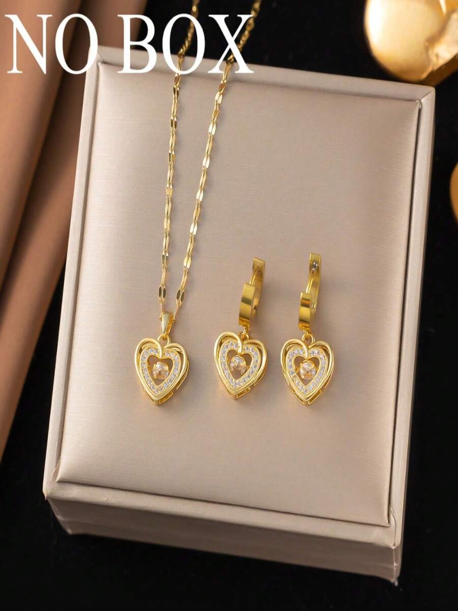 3件套心形吊坠项链和耳环，时尚独特创意设计，奢华质感，适合外出和日常佩戴（OPP袋包装） - 黃金色 - 查看 1