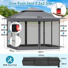 3.3x3.3 M Gazebo With 4 Mosquito Net Side Panels, One-Push Folding Gazebo, Waterproof And Stable, Double-Roof Party Tent With UV Protection 50+, Garden Gazebo With 4 Sandbags, For Patio/Market/Camping - C Gray - Xem 2