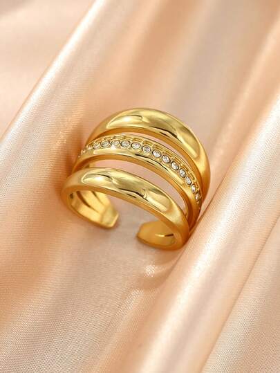 1 Peça Anel Ajustável de Aço Inoxidável Banhado a Ouro 18K com Três Camadas de Strass, Adequado para Decoração Diária ou Presente Feminino