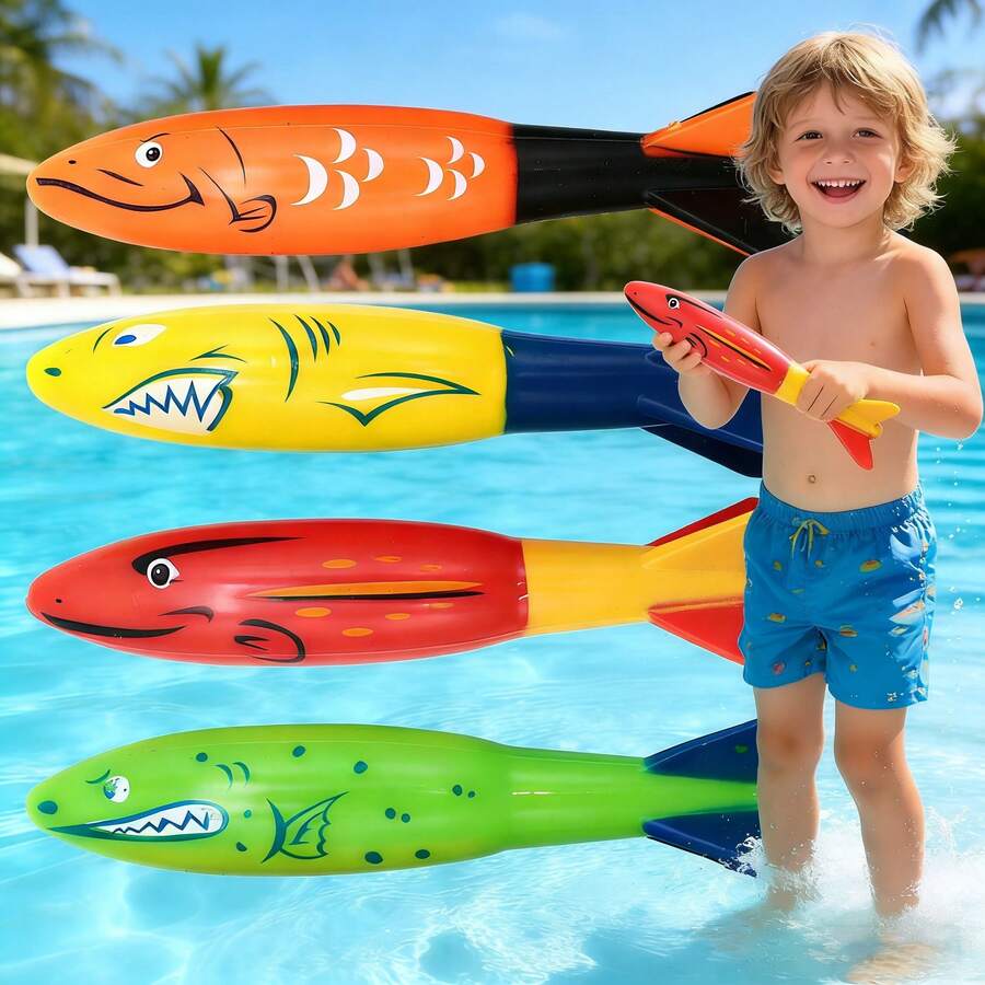 Set de 4 jucării de scufundări pentru piscină în aer liber de vară, inclusiv jucărie de iarbă pentru scufundări subacvatice, inel de scufundare și jucărie cu torpilă, instrumente profesionale de antrenament pentru snorkeling, potrivite pentru jocuri de apă în piscină pentru copii și jocuri interactive în aer liber pentru familie
