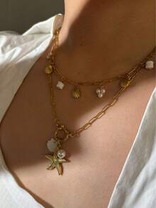 Monlansher 新款夏季海洋风多吊坠不锈钢项链，贝壳珍珠吊坠项链，时尚百搭，休闲度假日常佩戴 - 金色 - 查看 8