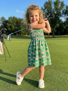 Vestido de golf para niña pequeña con lazos, sin mangas, fruncido, línea A, vestido de princesa de verano - Verde - Ver 4