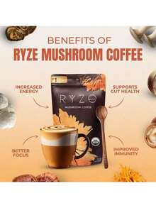 Mushroom Medium Roast Coffee USDA Organic With 6 Adaptogenic Mushrooms, USA Grown Instant Coffee For Better Energy, Focus Digestion Immunity With Lions Mane & Turkey Tail 30 Servings - 2 packs - 查看 5