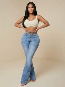 Women's High Waist Stretch Denim Flare Jeans With Multi-Button Closure, Whiskering & Vintage Wash Retro Casual Elegant Outing Pants - Rửa nhẹ - Xem 3